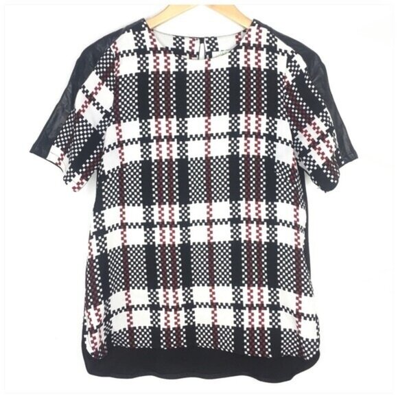 Jade by Melody Tam Plaid Short Sleeve Blouse XS Faux Leather Trim on Sleeve - Picture 2 of 7